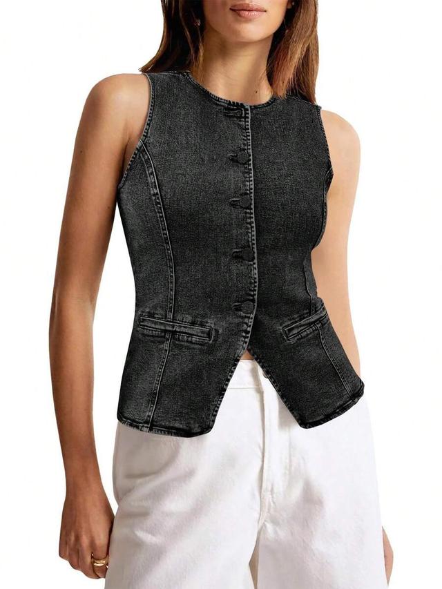 womens black denim button down fitted sleeveless waistcoat