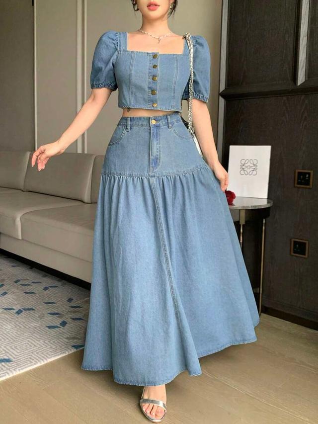 denim square neck puff sleeve top and flare skirt