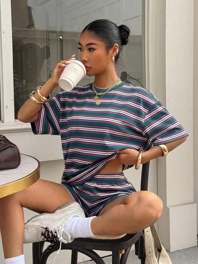 striped round neck short sleeve top and shorts set