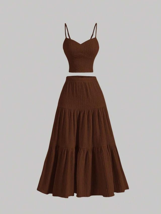brown ribbed camisole and tiered midi skirt set