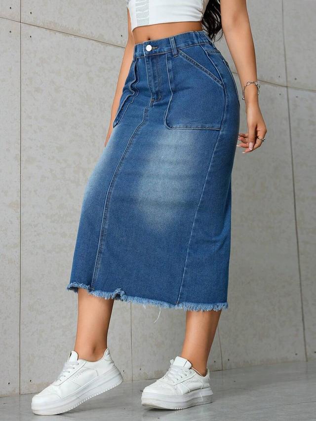 blue denim midi skirt with raw hem
