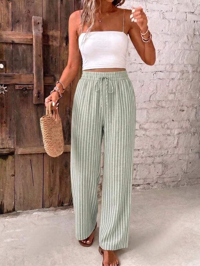 women's casual green and white striped straight leg pants