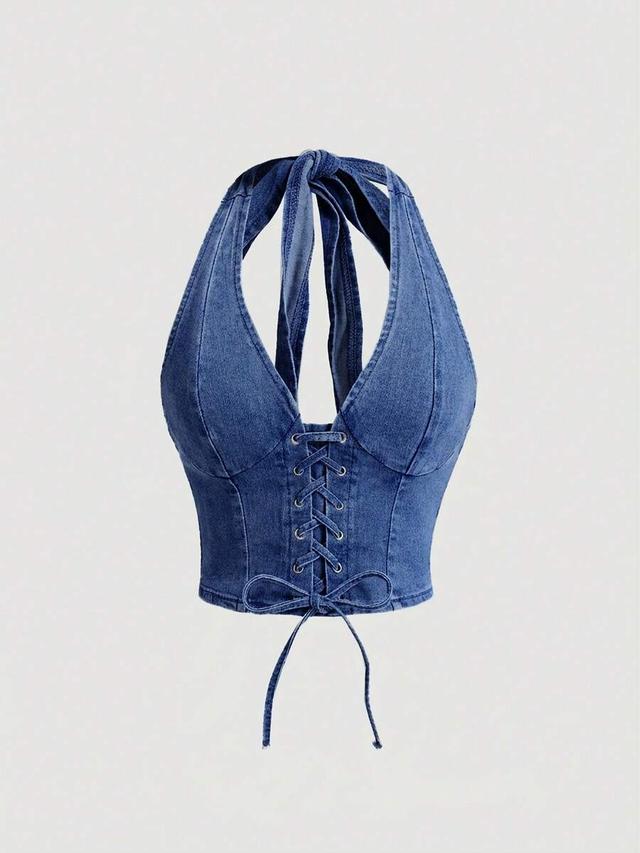 halter neck denim corset top with lace-up front