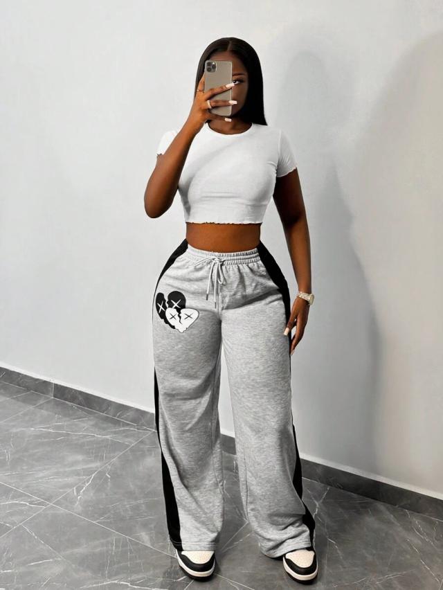 grey and black colorblock casual drawstring sweatpants