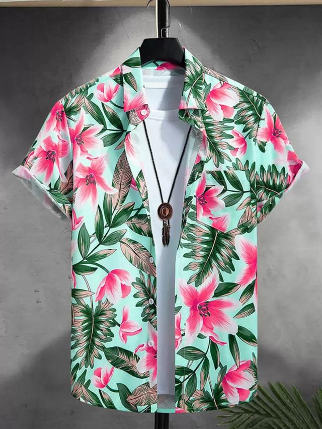 men's tropical floral print short sleeve button-up shirt