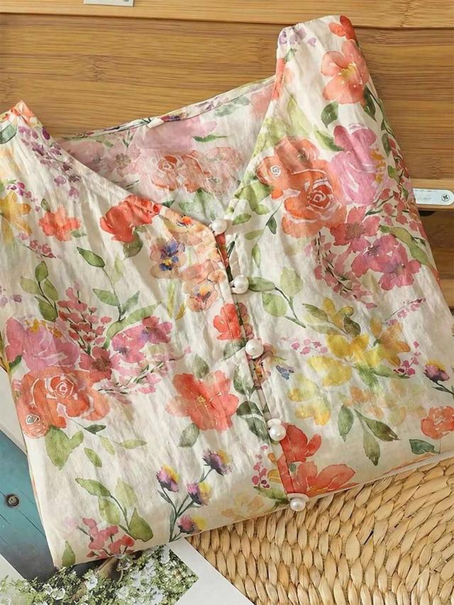 colorful floral mid-sleeve chiffon blouse with pearl buttons