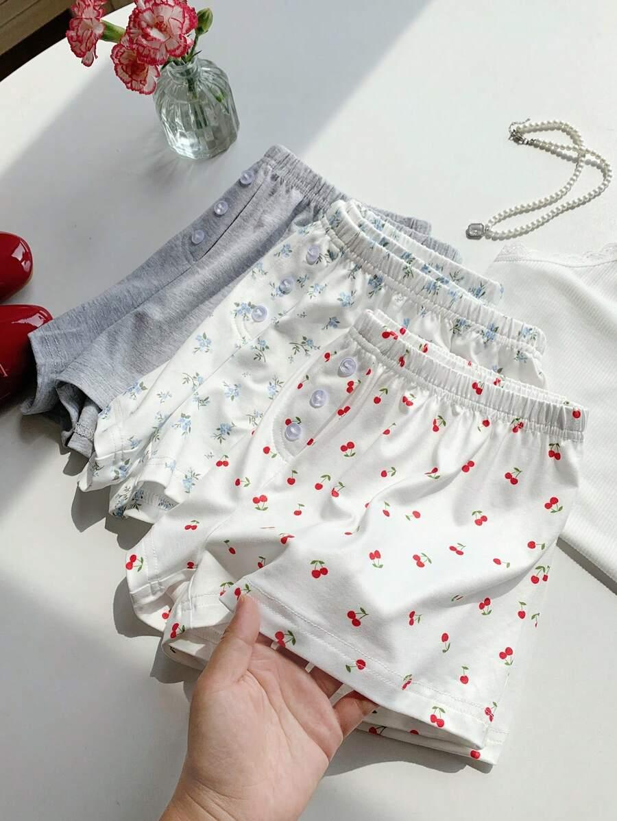 cherry print three piece set of cherry floral and grey knit shorts