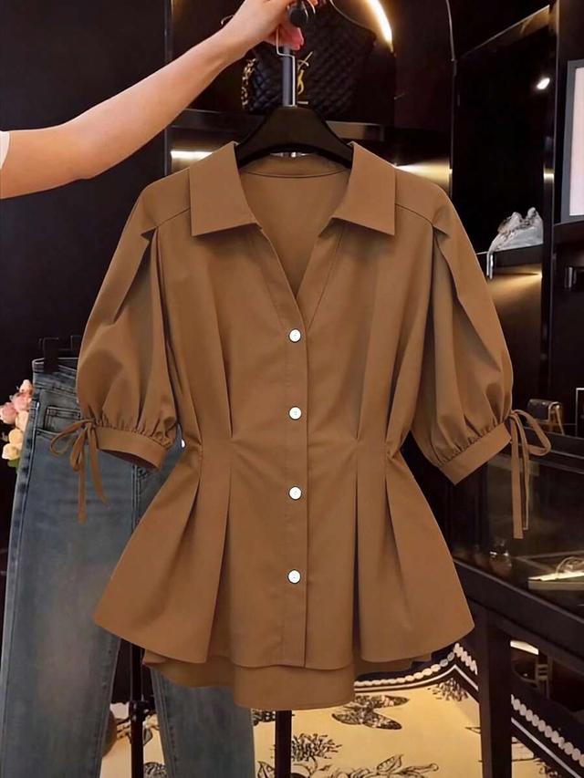 elegant brown cinched waist puff sleeve blouse