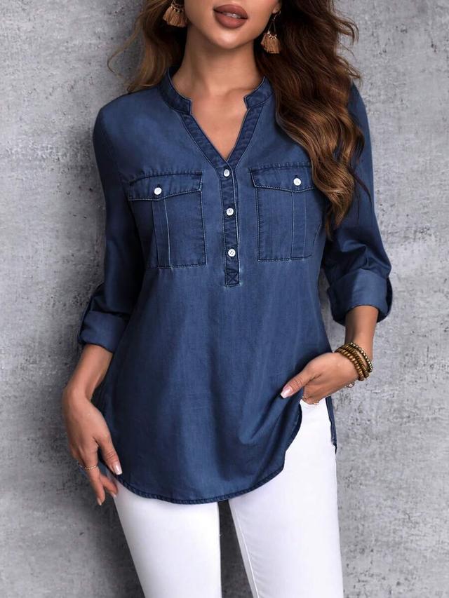 dark wash chambray button-up tunic shirt