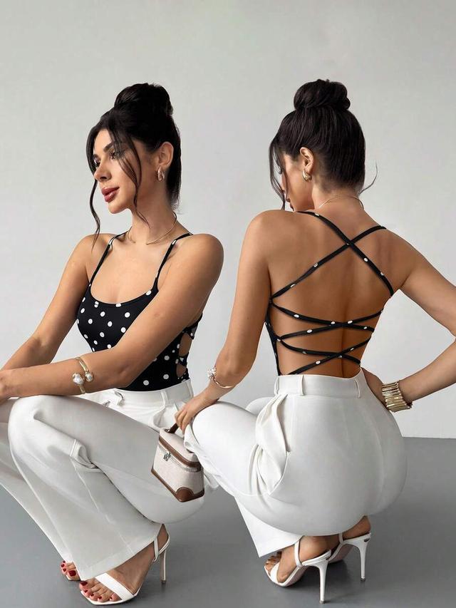 polka dot print criss-cross backless bodysuit