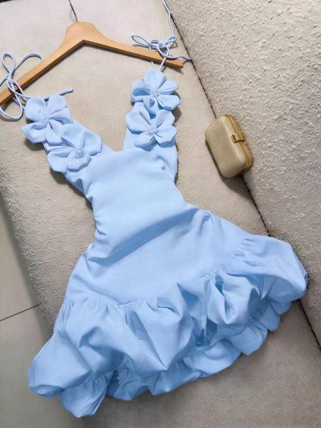 light blue puff mini dress with 3d floral straps