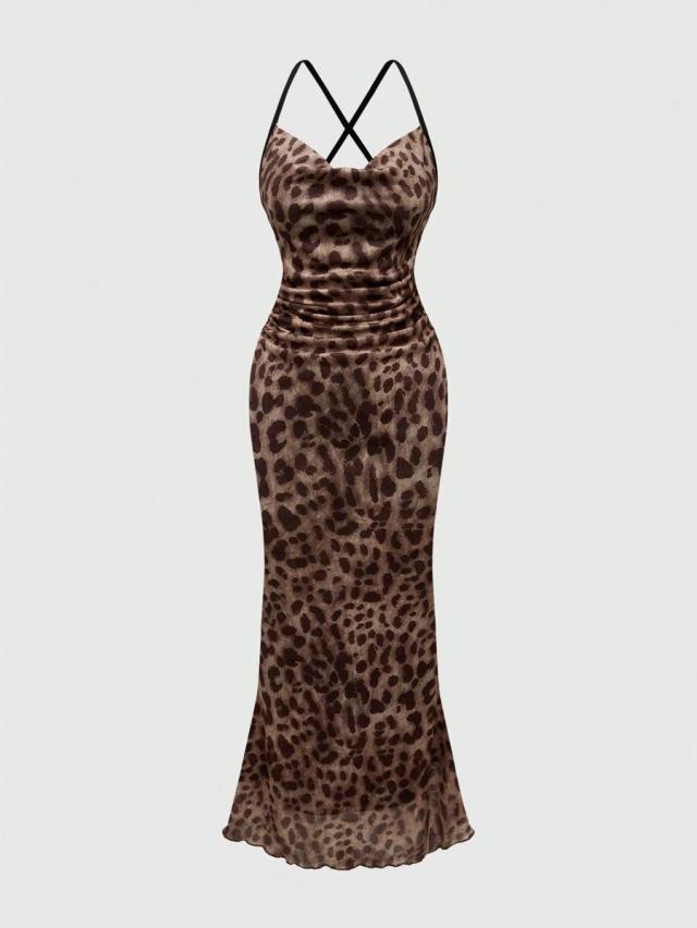 leopard print draped neck backless mermaid dress