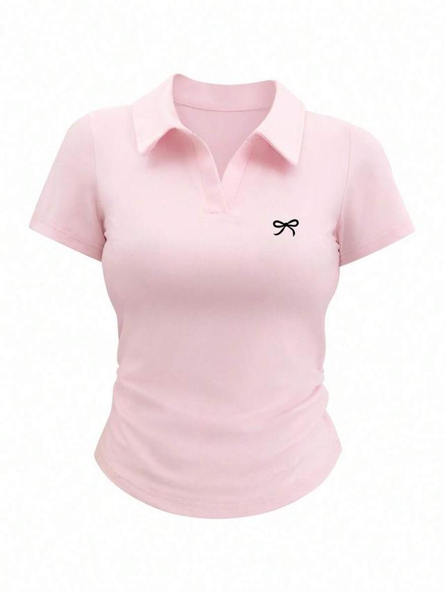pink bow print v-neck short sleeve polo shirt