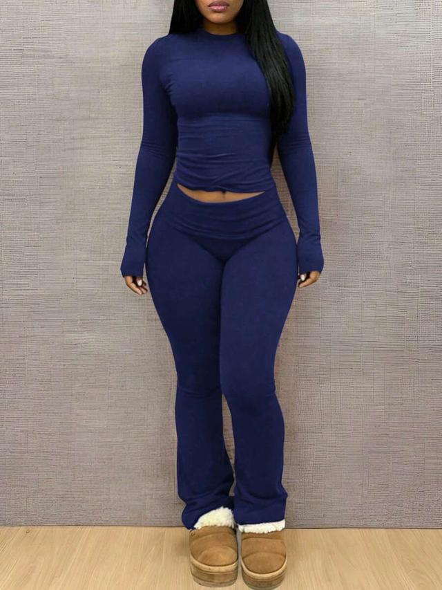 solid navy blue crew neck long sleeve flared set