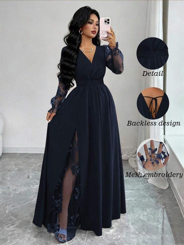 navy blue v-neck lace patchwork long sleeve slit dress