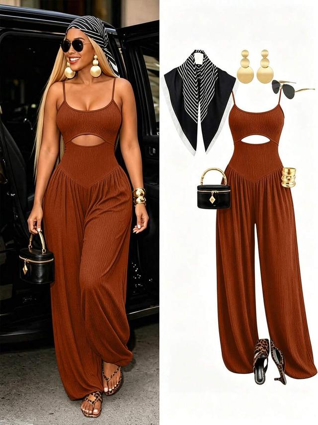 solid color hollow waist cami harem jumpsuit
