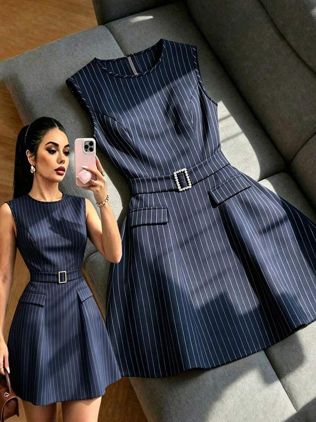 navy pinstripe sleeveless dress with metal ring belt