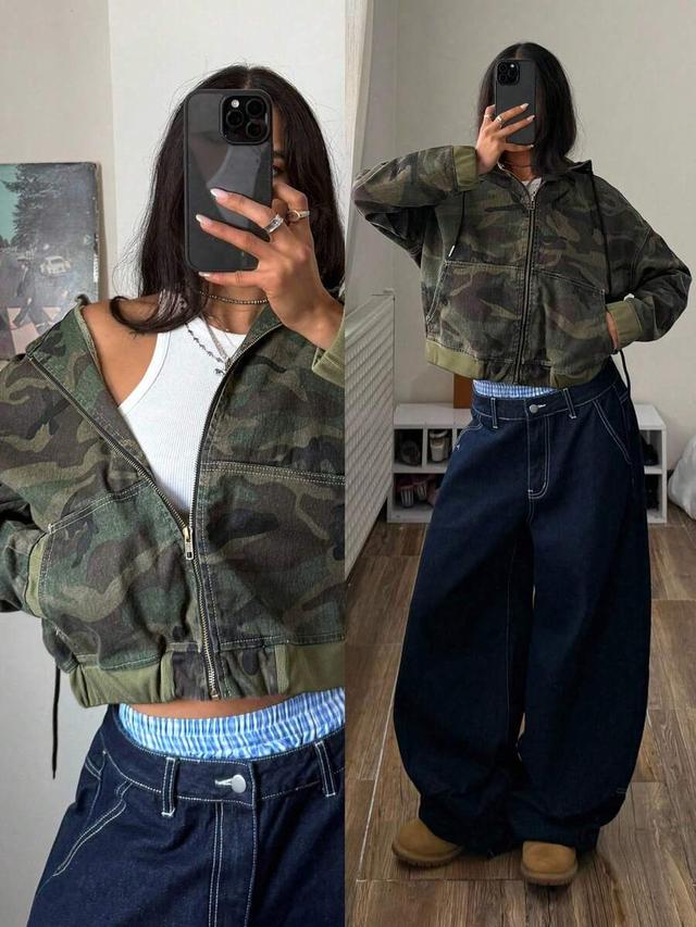 cropped camouflage denim zip-up jacket