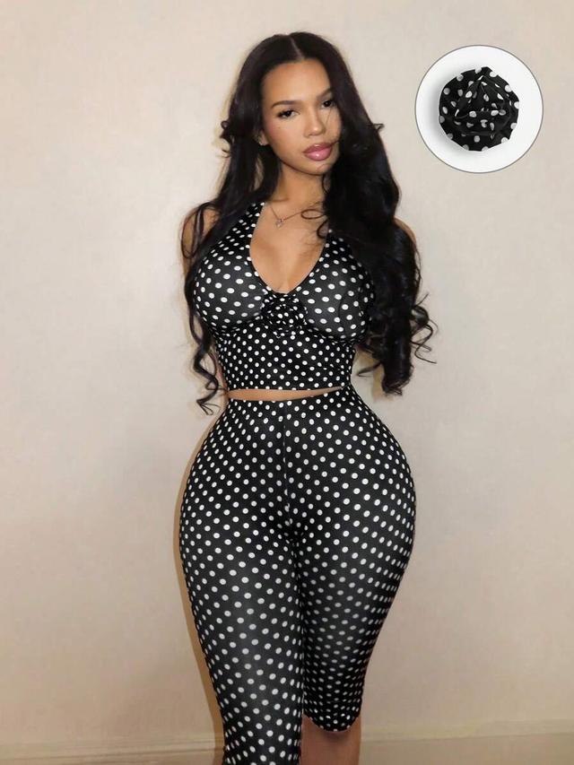 black and white polka dot halter camisole and shorts