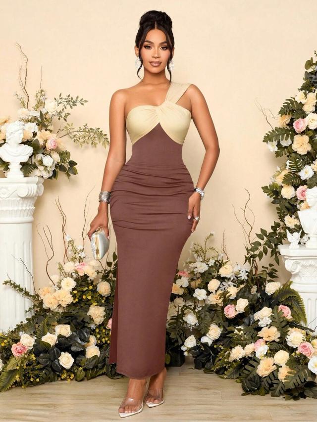 brown stripe splicing asymmetric one shoulder maxi dress