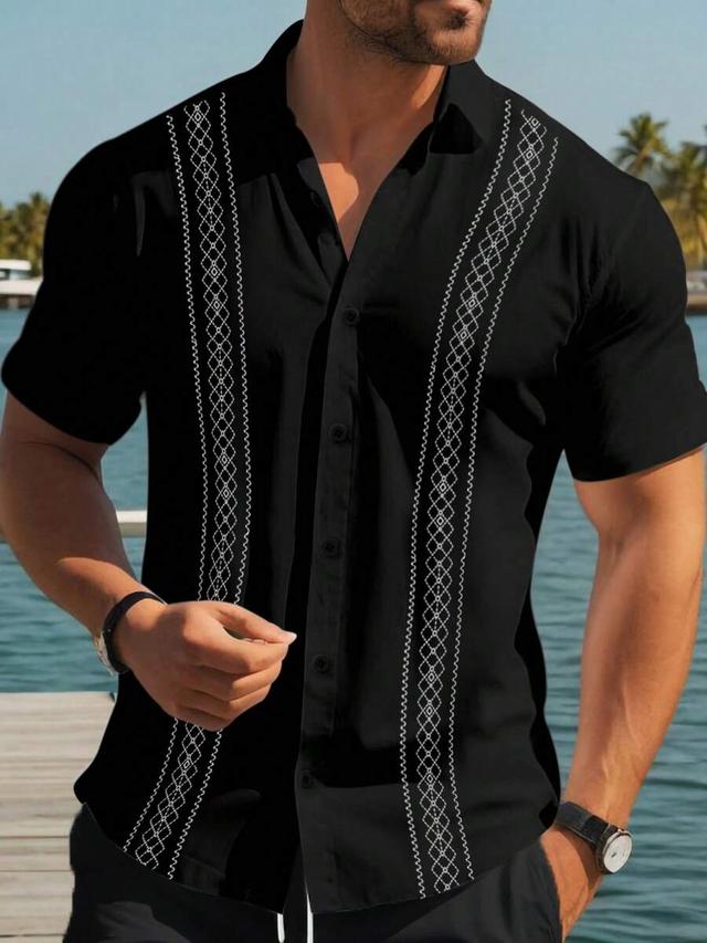 black short sleeve button-down shirt with geometric embroidery