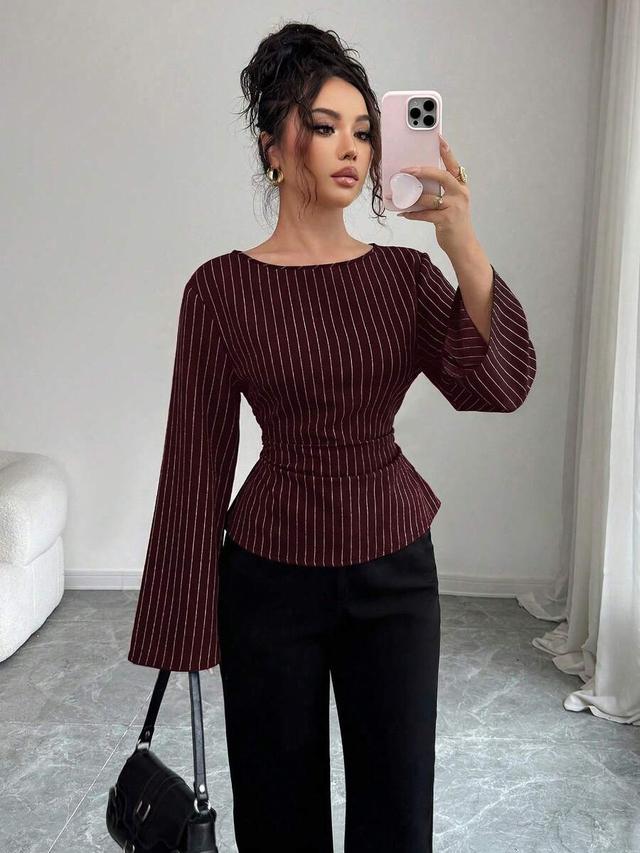 burgundy striped long sleeve peplum top with back lacing