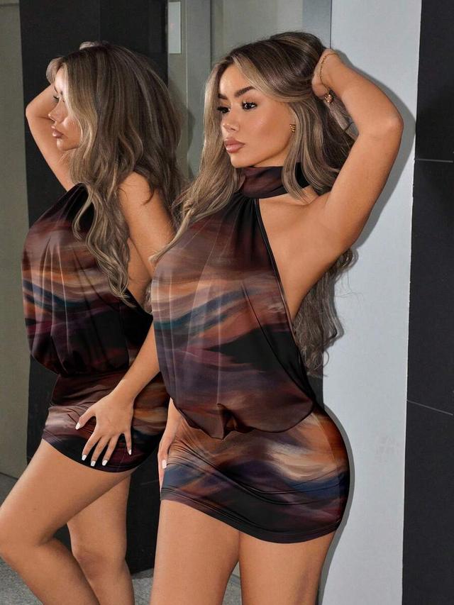 gradient tie-dye high neck backless mini bodycon dress