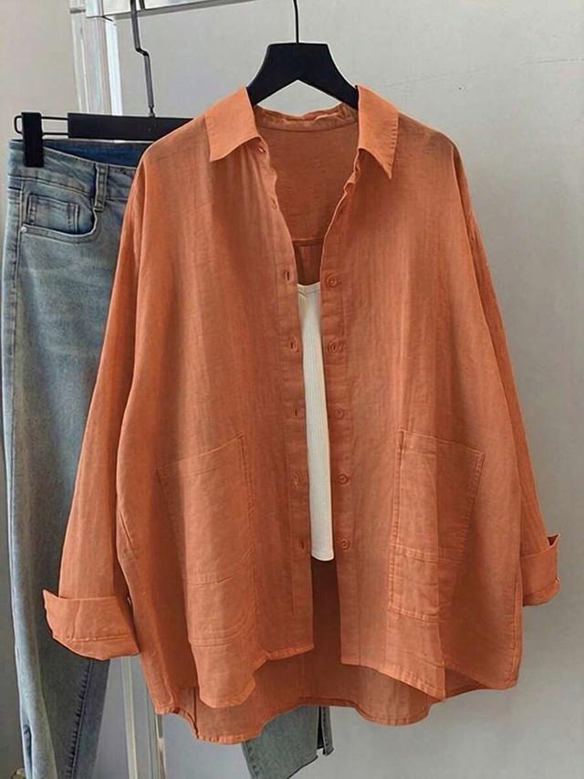 solid orange loose casual linen blend shirt