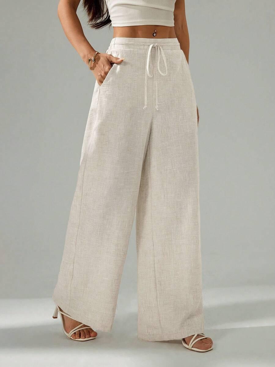 beige linen blend wide leg drawstring trousers