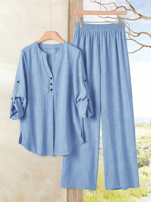 blue notch v-neck rolled sleeve shirt and pants set