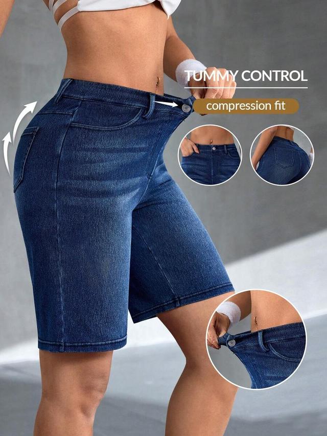 high-waisted blue denim compression shorts