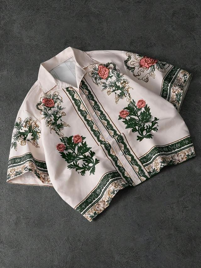 floral print cuban collar short sleeve shirt
