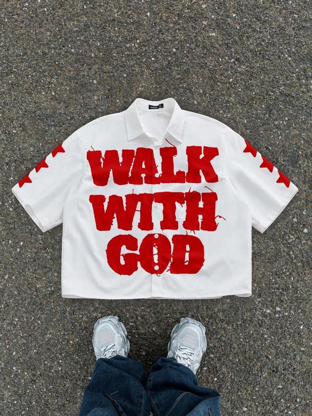 white cotton shirt with red slogan print