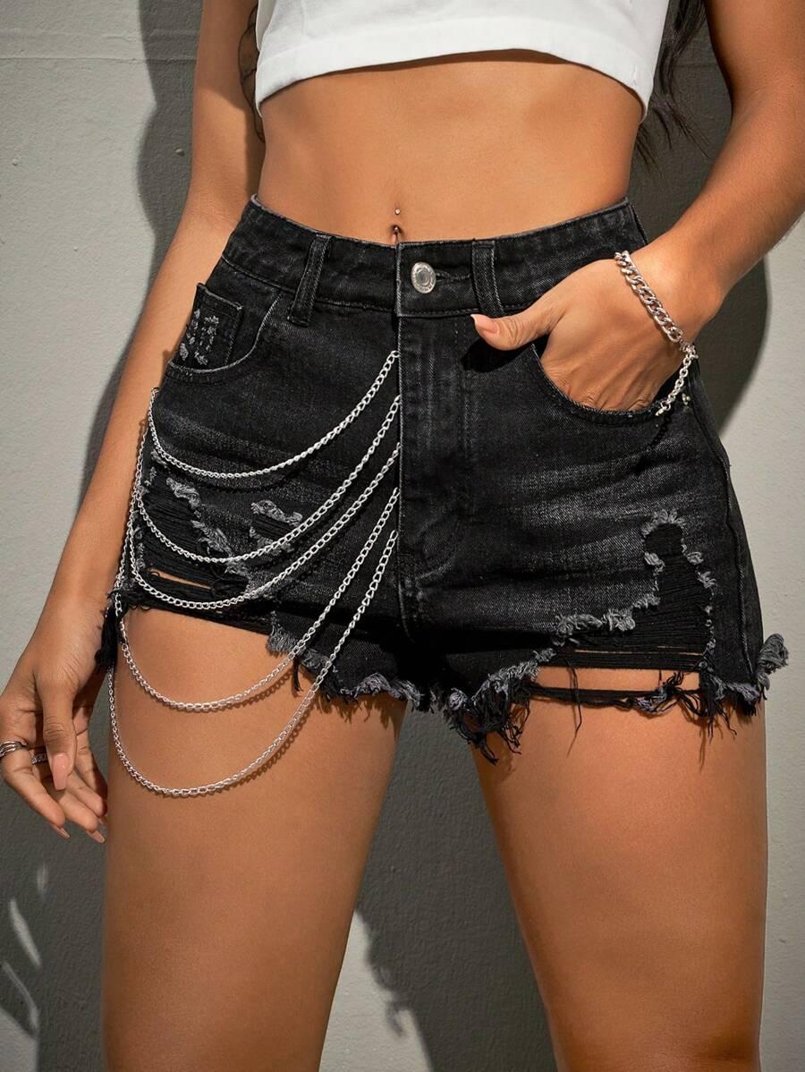 distressed black denim shorts with silver chain detail