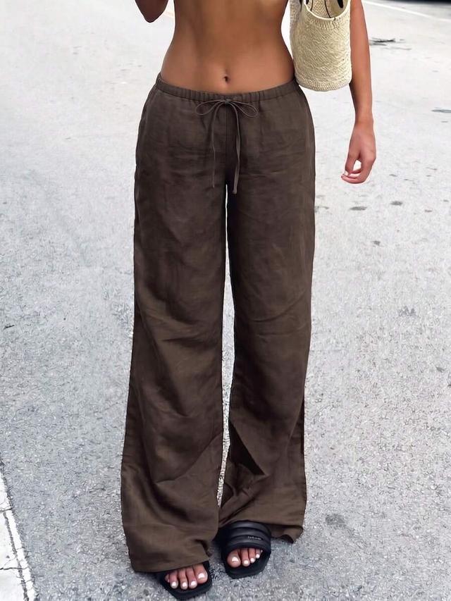 brown linen low-waist straight-leg drawstring pants