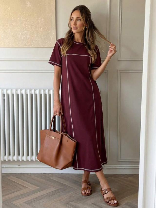 burgundy color-block stitching casual midi dress