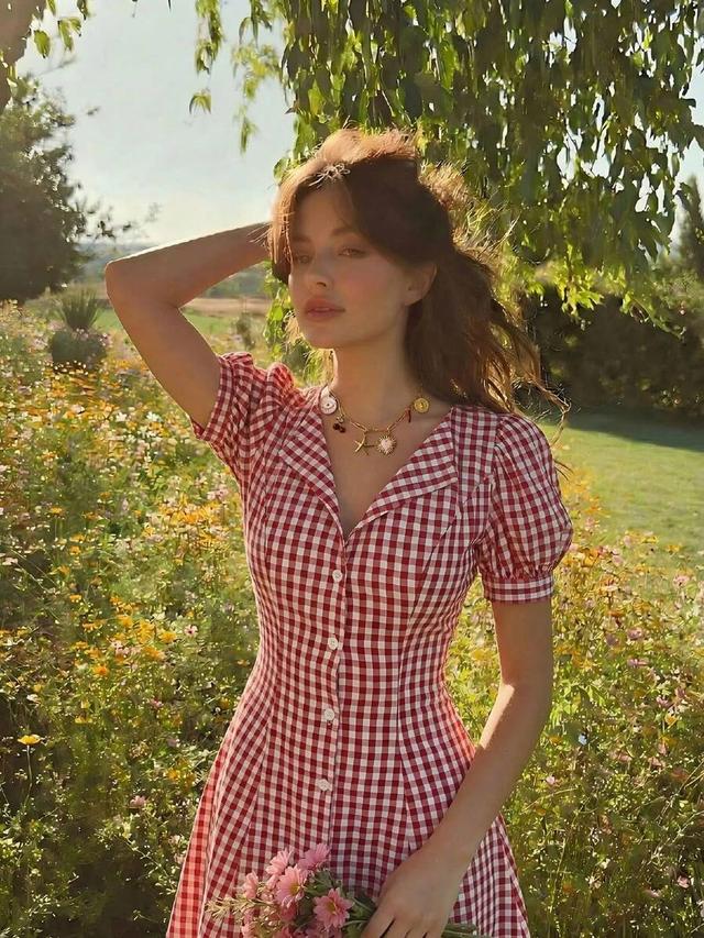 red and white plaid puff sleeve shirt dress