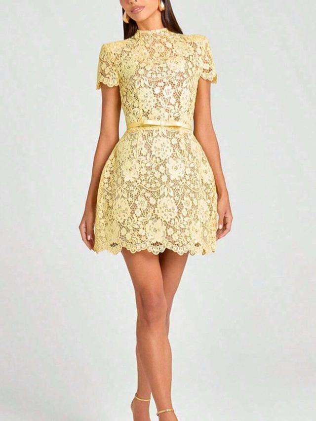 pale yellow floral lace mini dress