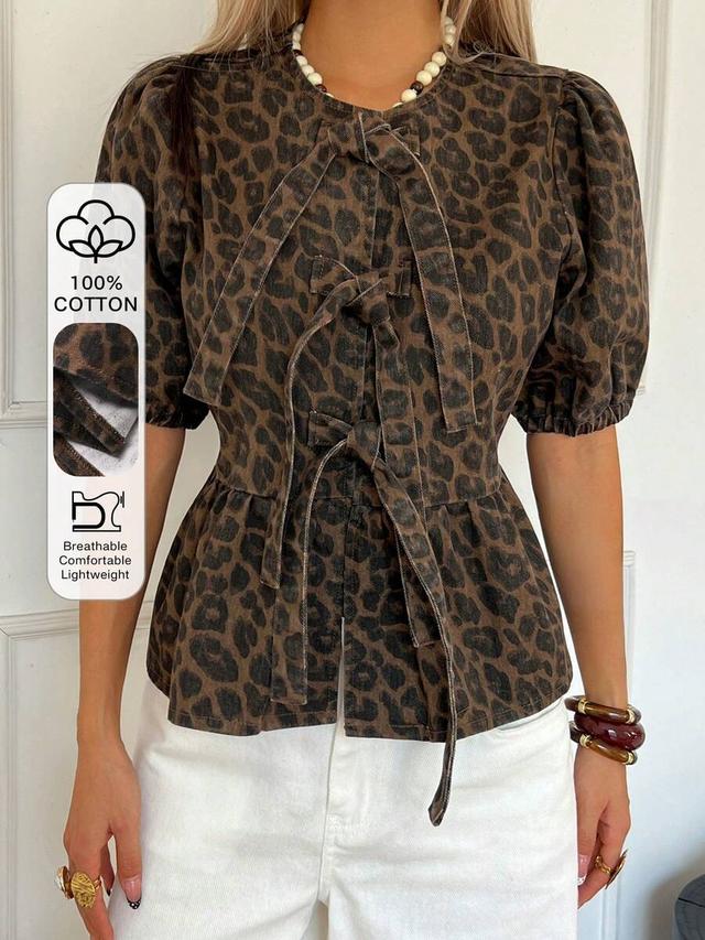 leopard print cotton bow front ruffle hem jacket