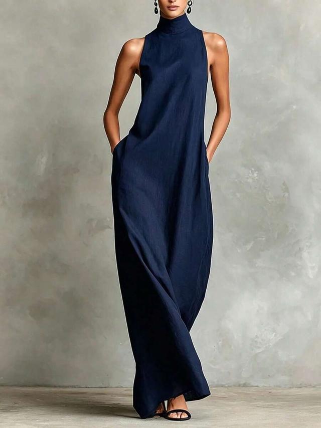 navy blue high collar sleeveless long dress