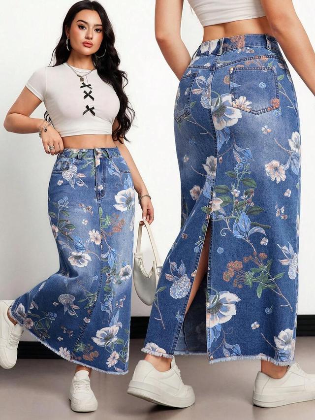 floral print denim midi skirt with back slit