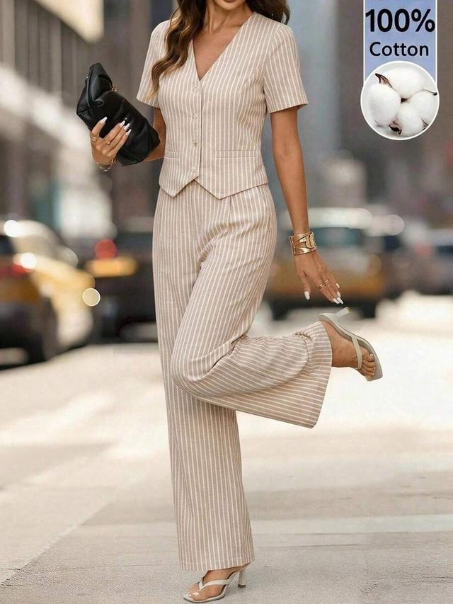 striped v-neck button-front top and wide leg pants