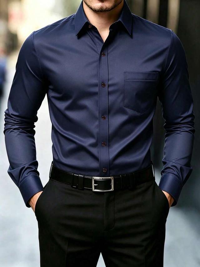 navy blue solid color long sleeve dress shirt