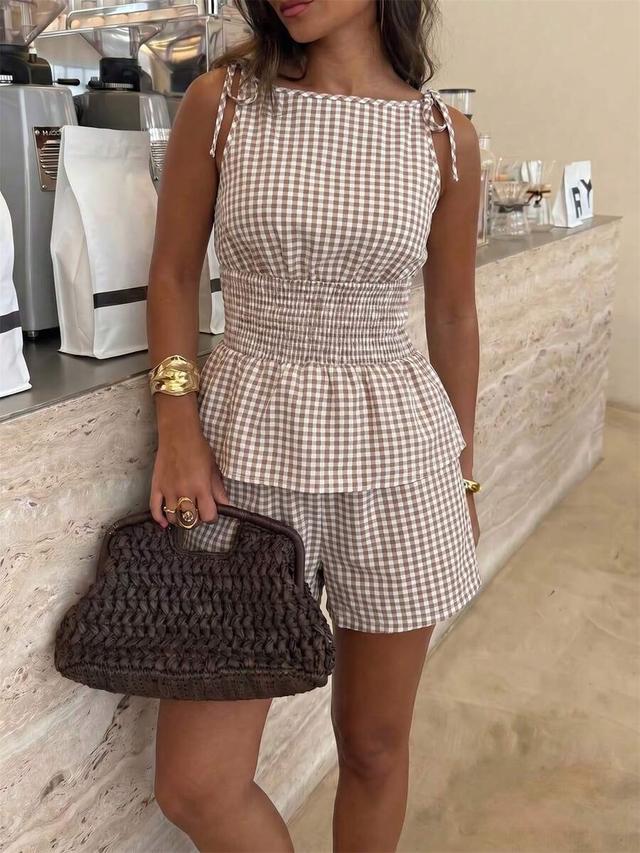 brown gingham sleeveless ruffle hem tank and relaxed shorts