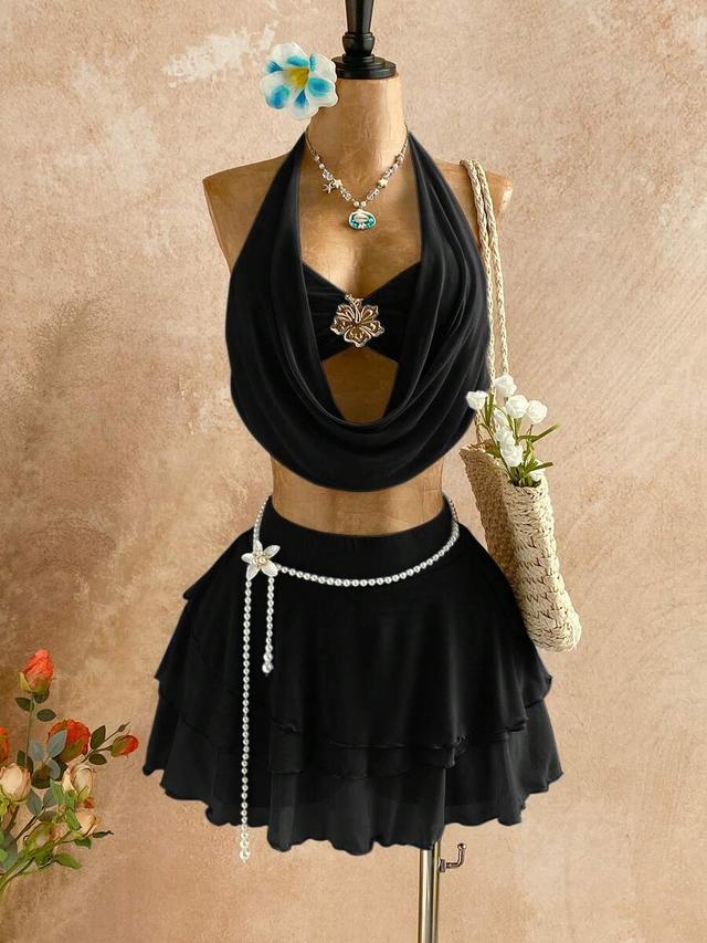 black multi-layer ruffle mini skirt with pearl belt
