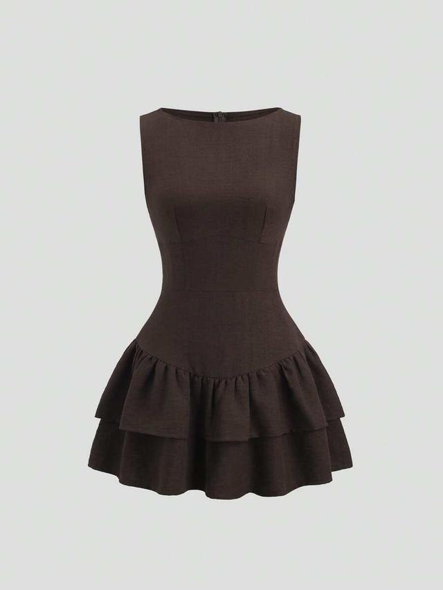 dark brown sleeveless linen mini dress with tiered ruffles