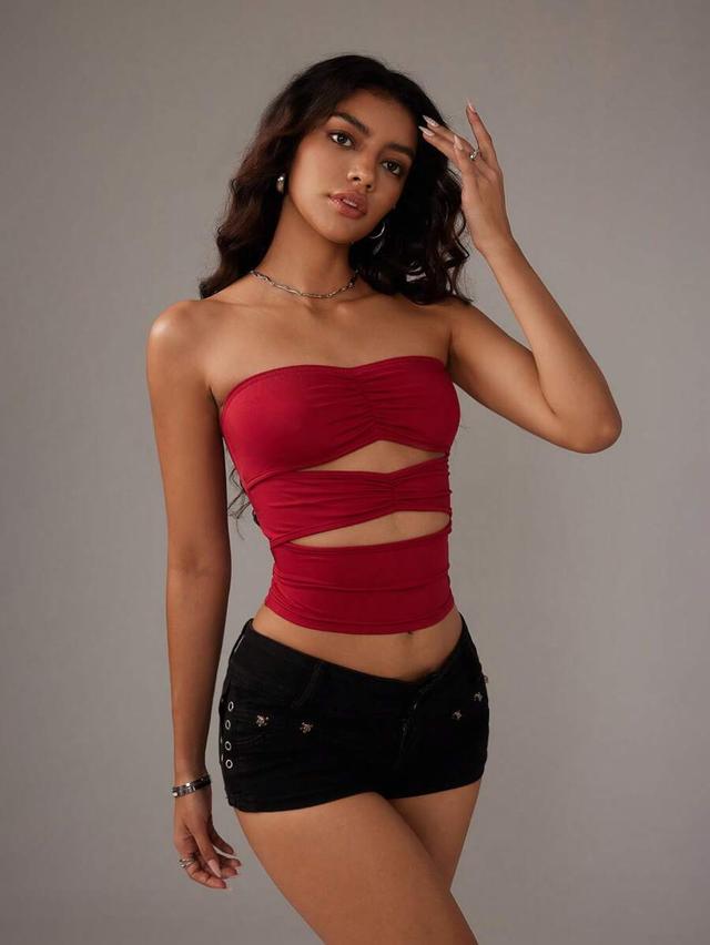 red solid color hollow-out tube top