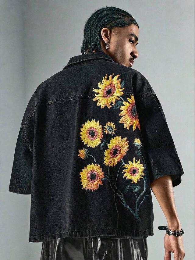 black sunflower sunflower embroidered casual shirt