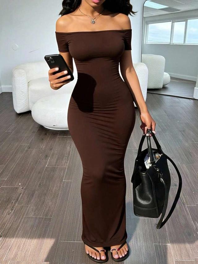 chocolate brown off-shoulder bodycon maxi dress