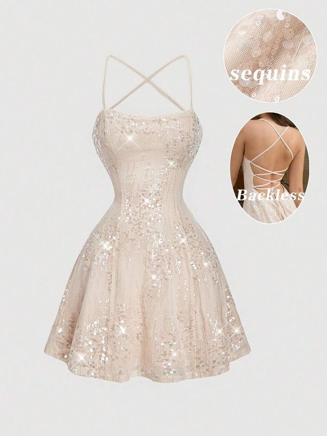 apricot sequin backless mini dress
